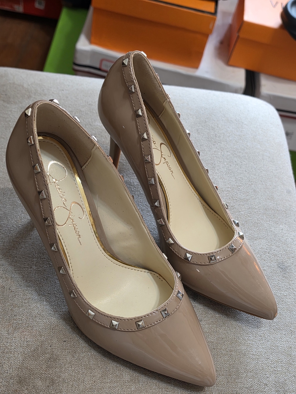 Jessica Simpson Blush Patent Pointed-Toe Stud Pumps